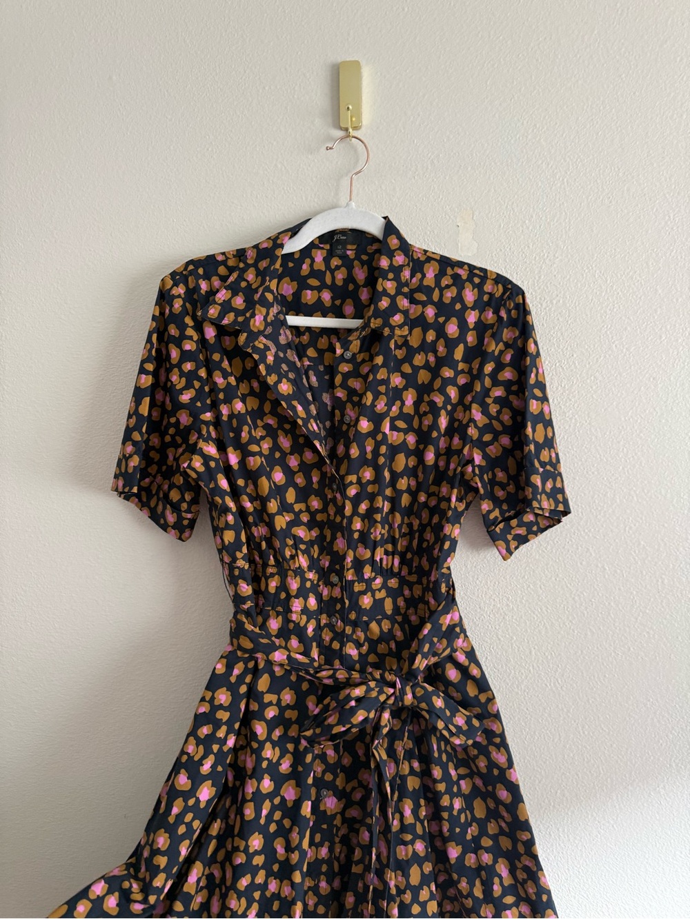 J.Crew Leopard Tie-Waist Short-Sleeve Dress Midi Shirt Dress Sz 12 - Picture 4 of 9